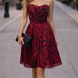 White House Black Market Red Black Strapless Chiffon Leopard Party Dress Size 8